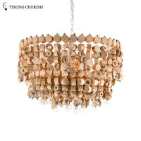 Exclusive Octave 5 Light Handmade 2-Tier Wood Chip Modern Pendant Lamp in Wood Natural