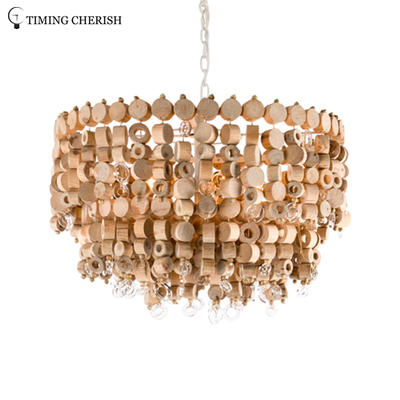 Exclusive Octave 5 Light Handmade 2-Tier Wood Chip Modern Pendant Lamp in Wood Natural