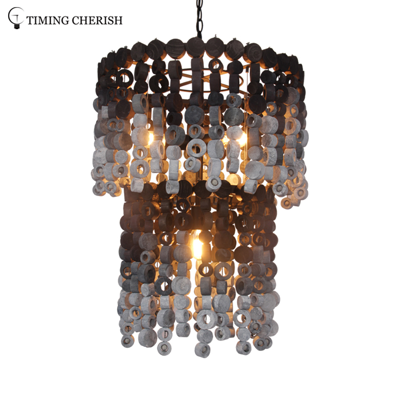 Exclusive Octave 4 Light Handmade 2-Tier Wood Chip Modern Chandelier Pendant Lamp in Grey